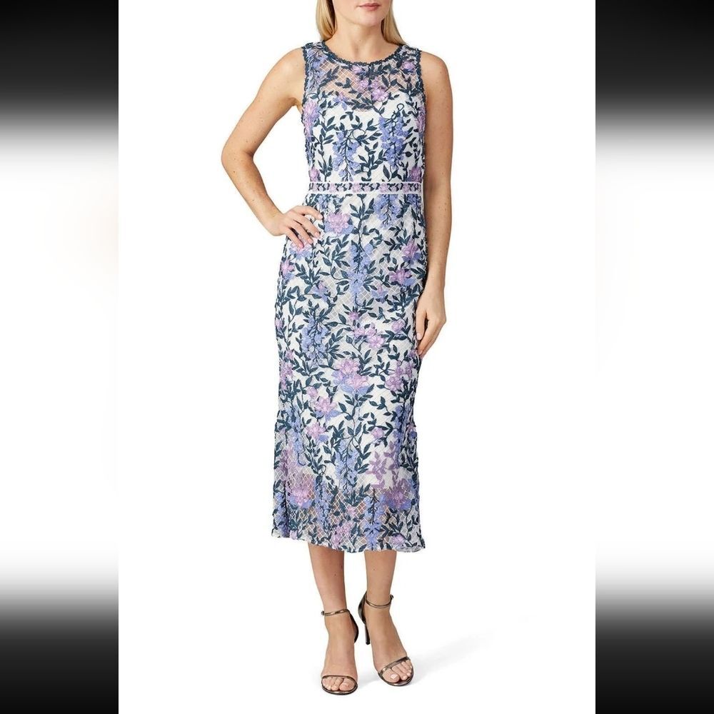 Marchesa Notte White Lace Midi Dress Size 4 Blue Purple Floral